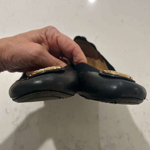 Tory Burch Black Leather Ballet Flats with Gold Logo Medallion - Picture 4 of 12